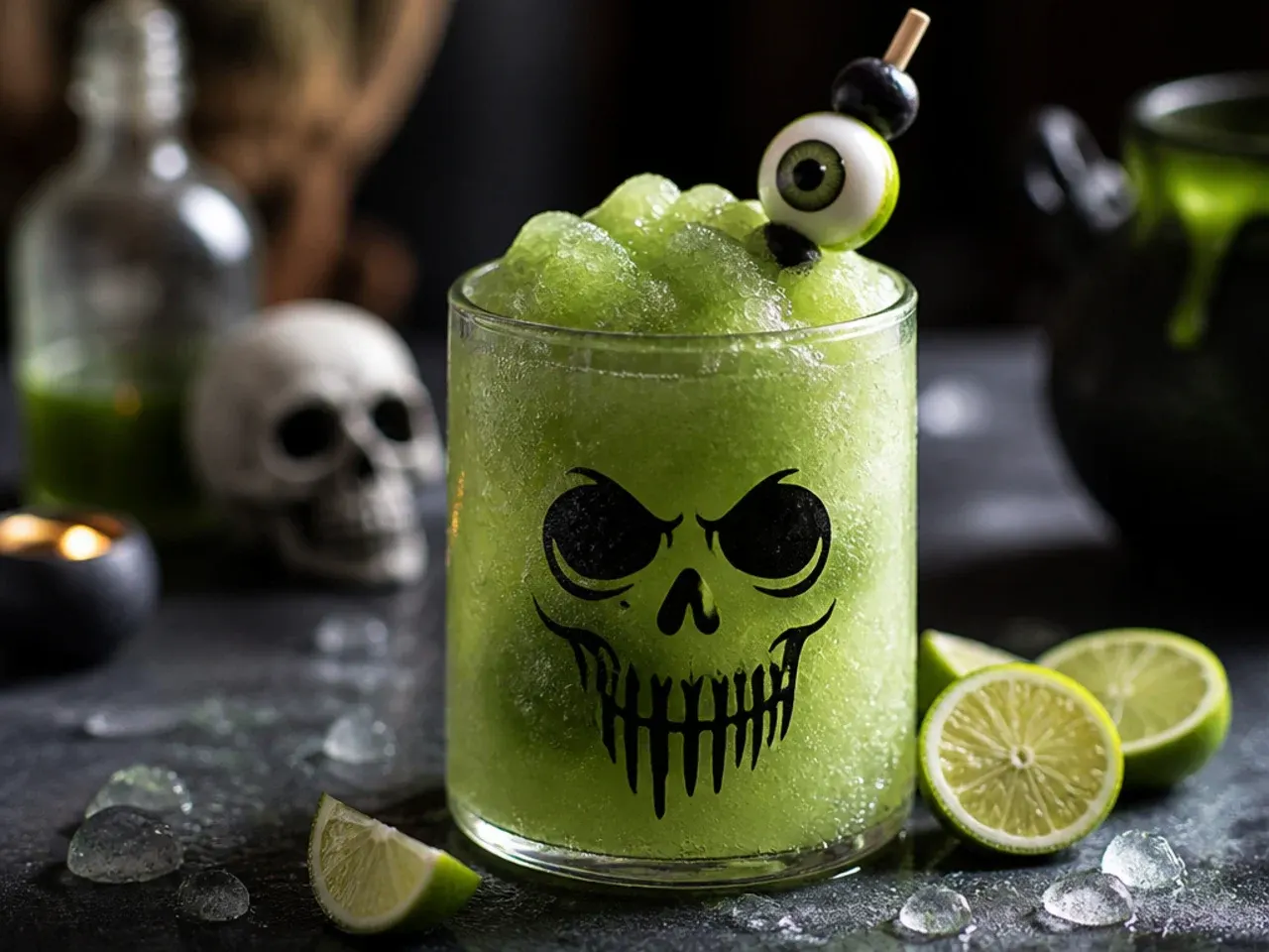 Bright green slushie in a glass topped with lime sherbet and gummy frog candies