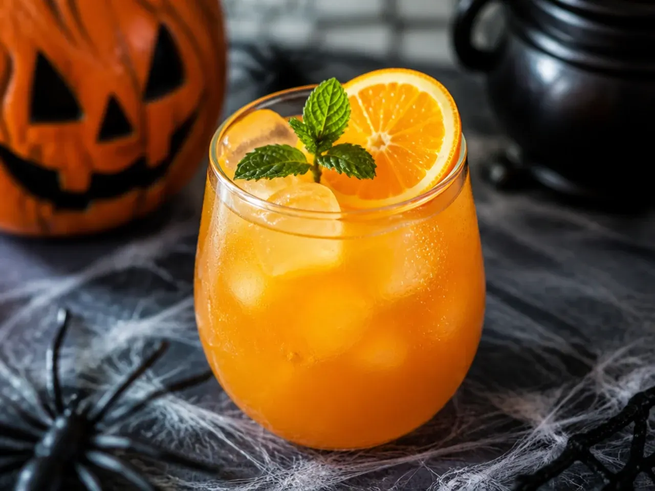 Punch bowl of orange-gold pumpkin colored punch with orange slices floating and a ladle