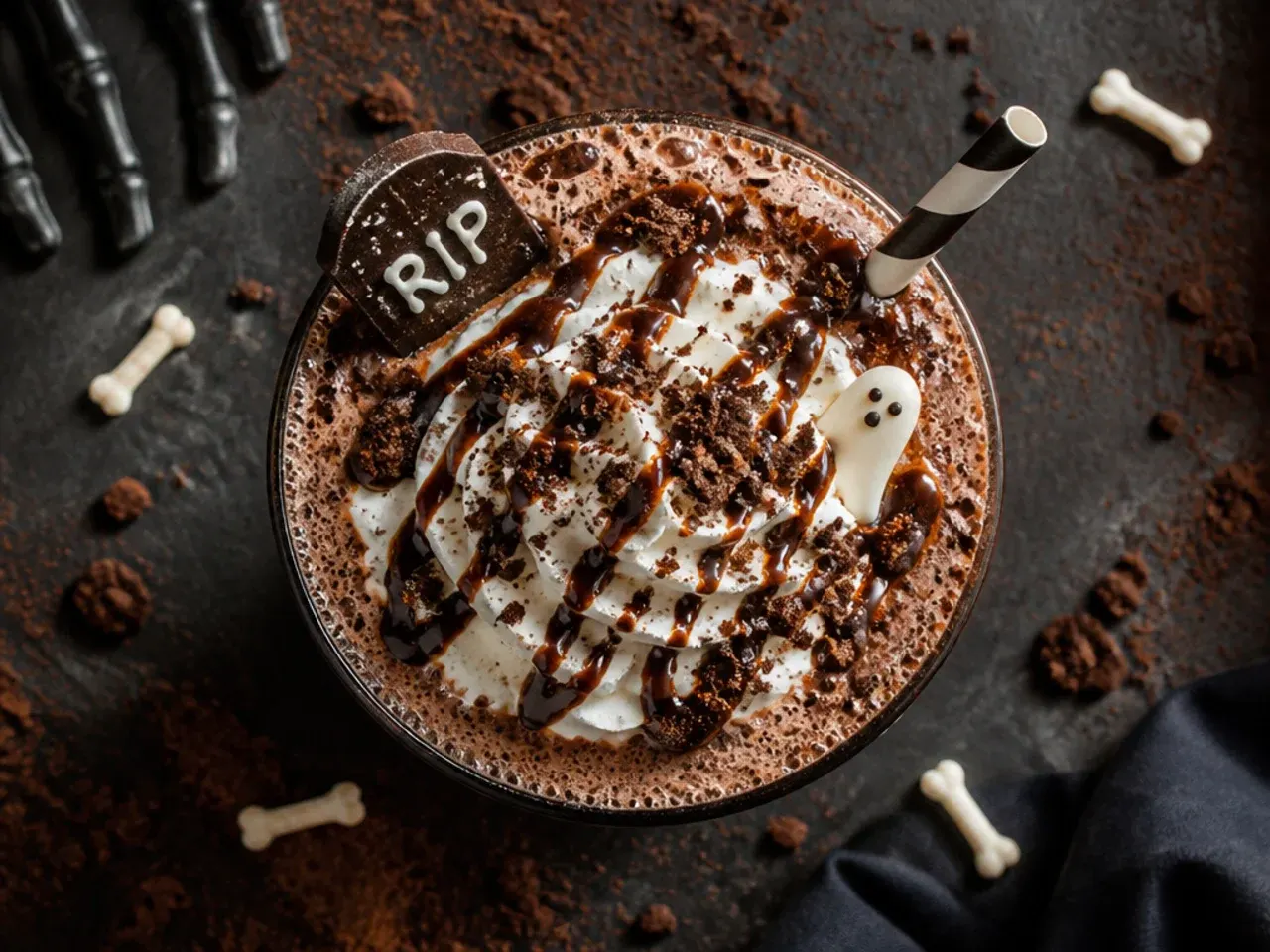 Iced mocha topped with crushed chocolate cookie crumbs and a cookie tombstone garnish
