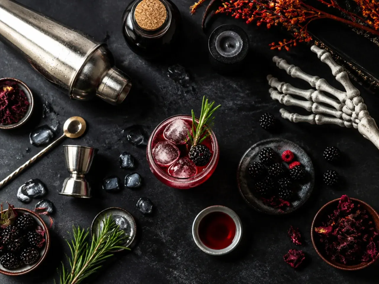 Bartender's station with chilled bottles, food colouring, ice and bar spoons laid out for making halloween drinks