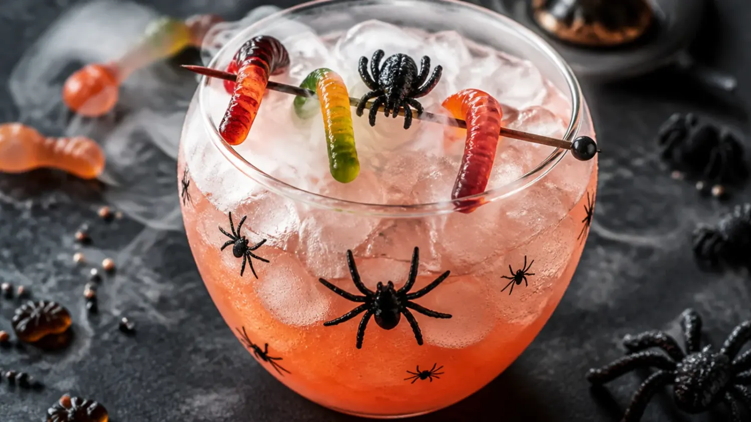 A glowing green Witches' Brew Halloween punch in a black cauldron bowl, surrounded by candy eyeballs, gummy worms, and orange slices, with a bottle of vodka nearby for the boozy version