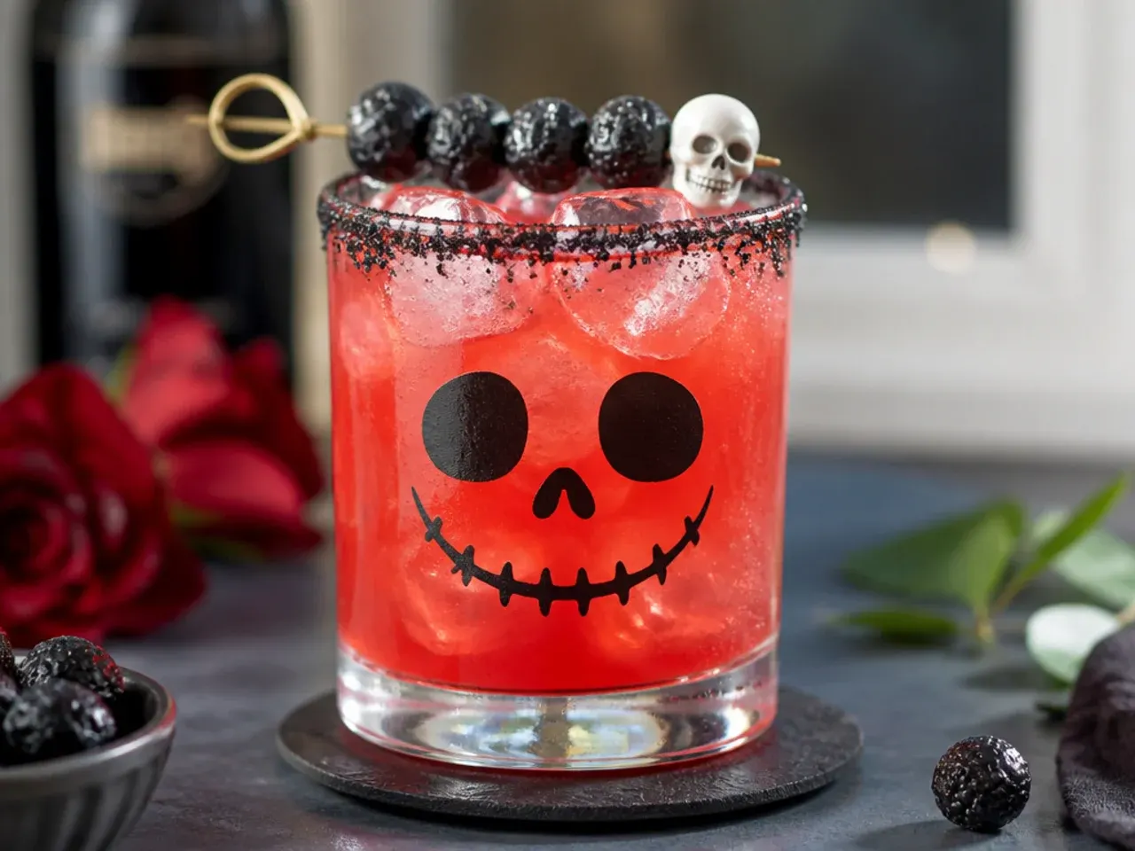 Overhead shot of a Halloween drinks table with a green punch bowl, orange garnishes, and small glasses lined up