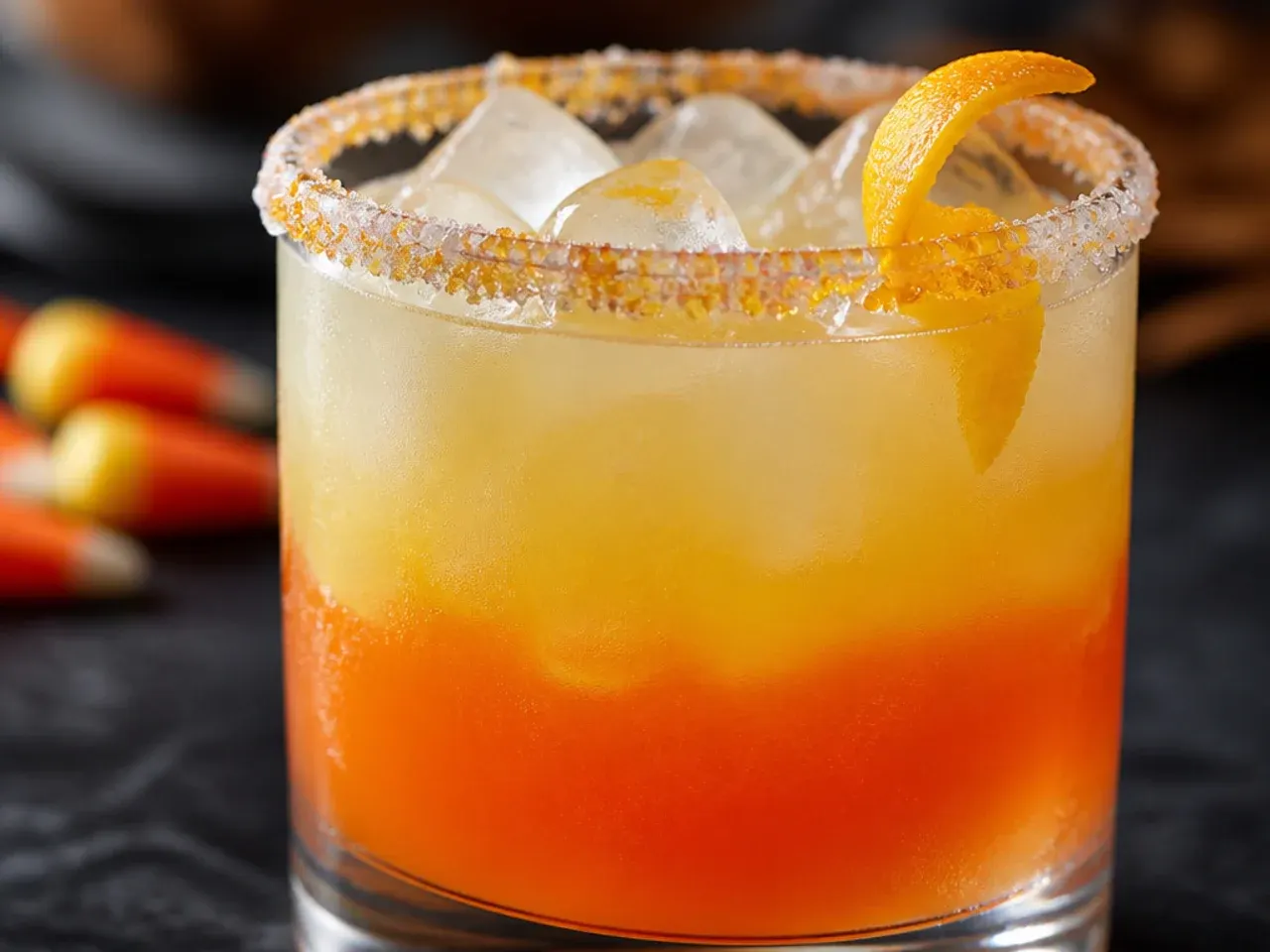 Small layered shot glasses styled like candy corn, orange, yellow, and white stripes