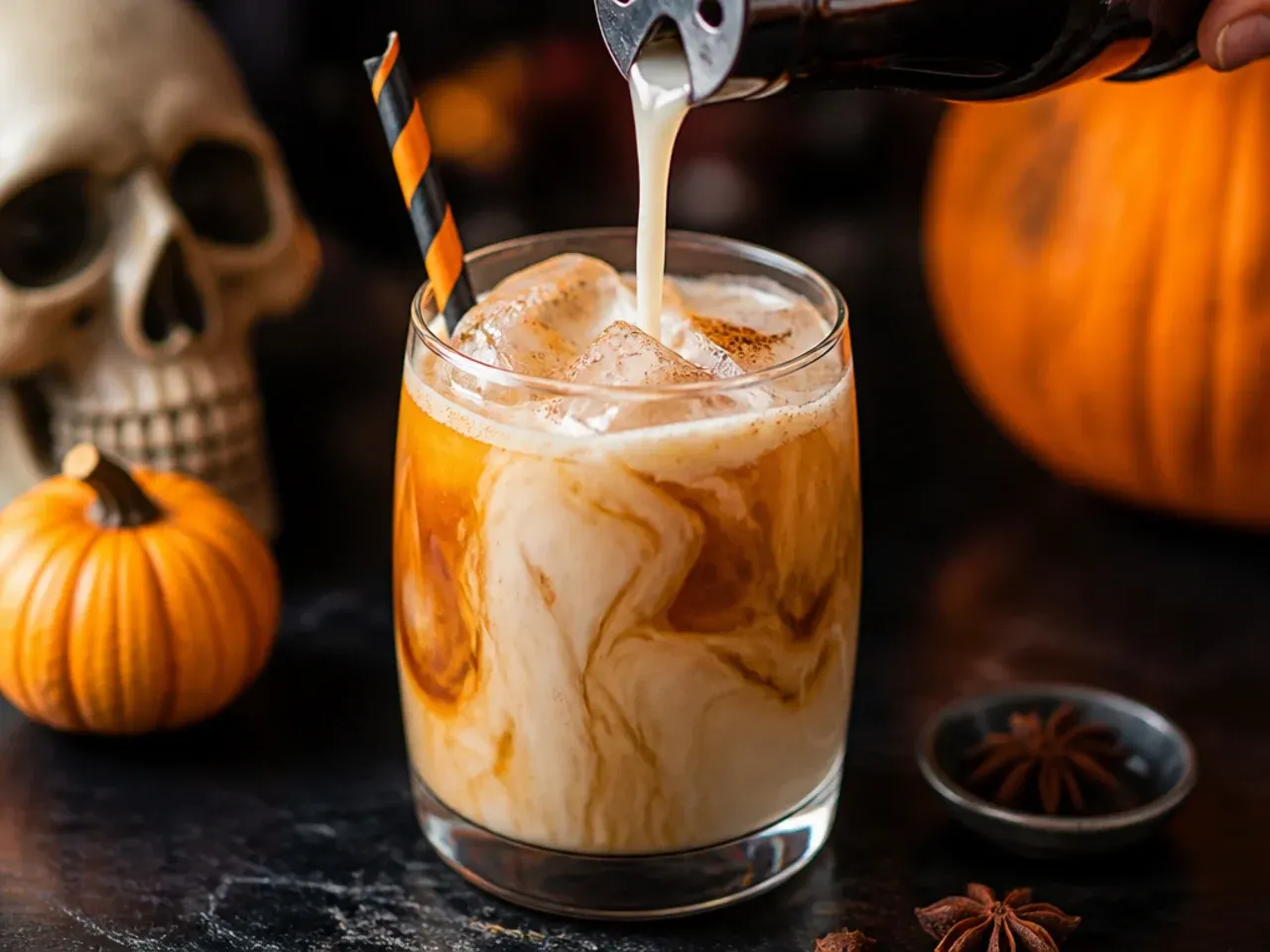 Creamy pumpkin spice White Russian in a rocks glass with a cinnamon dusted foam top