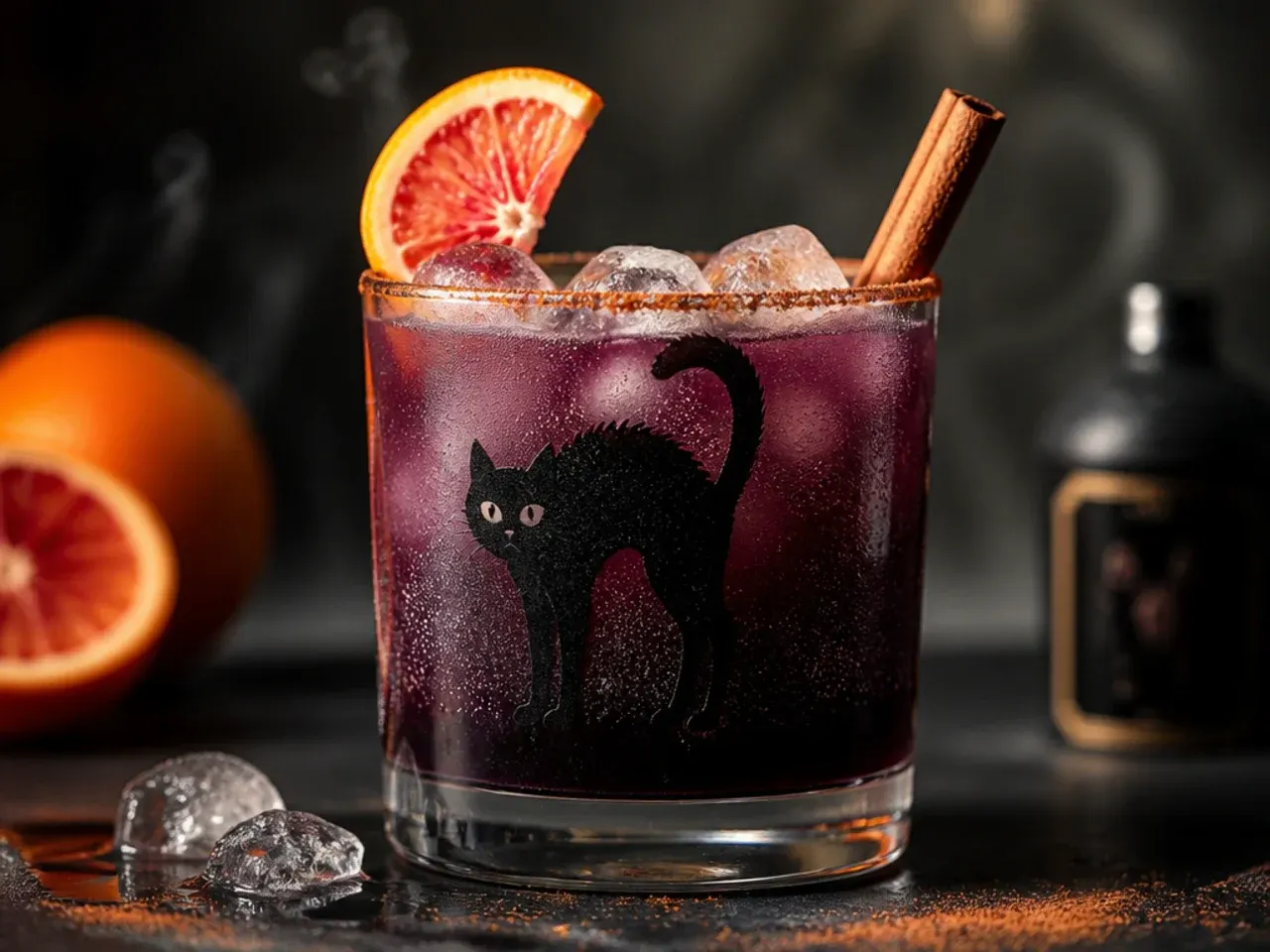 Black-tinted grapefruit fizz cocktail in a coupe glass with a grapefruit twist garnish, dramatically dark