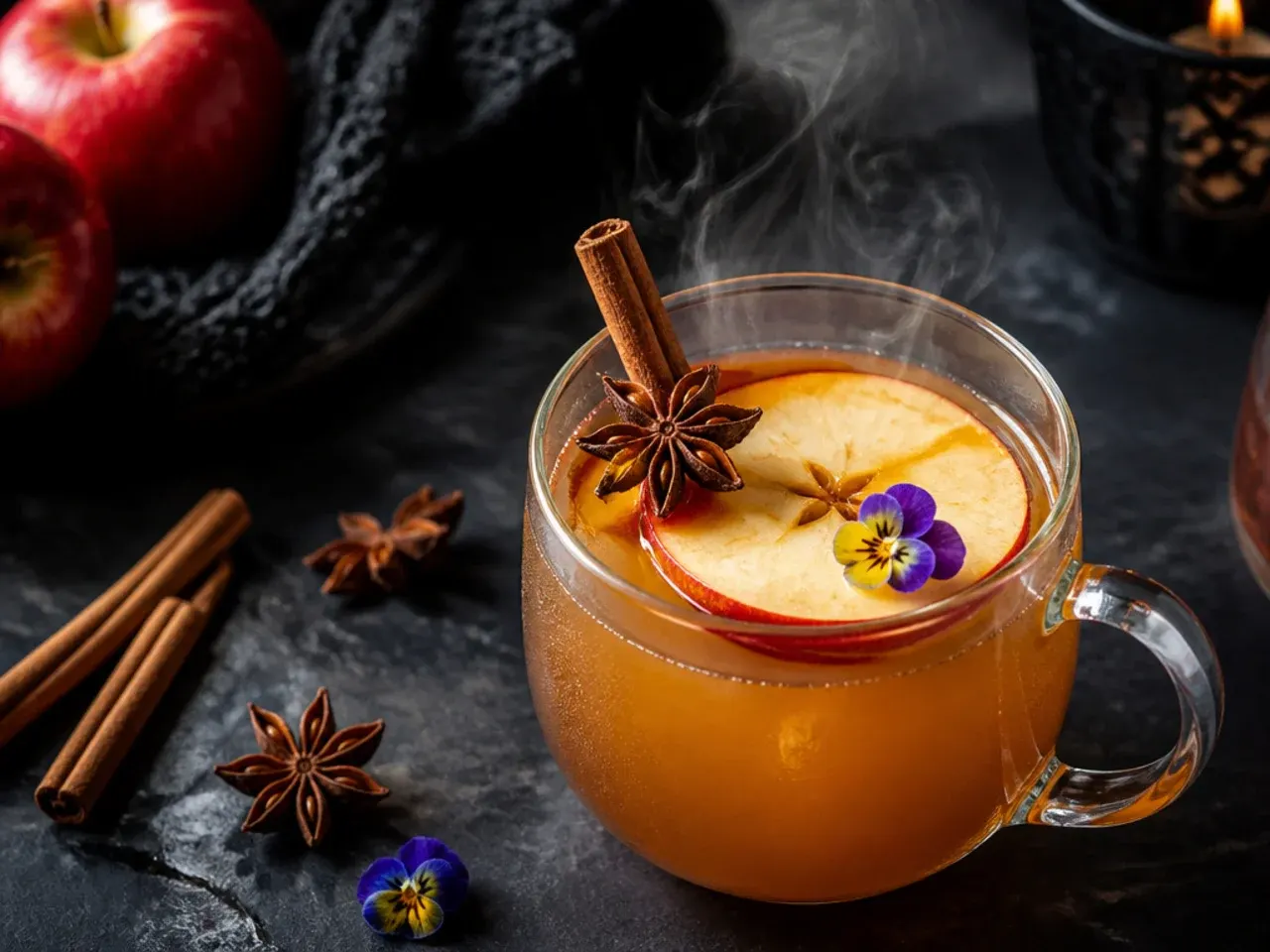 Steaming mug of spiced apple cider with a cinnamon stick and apple slice garnish, on a dark autumnal table