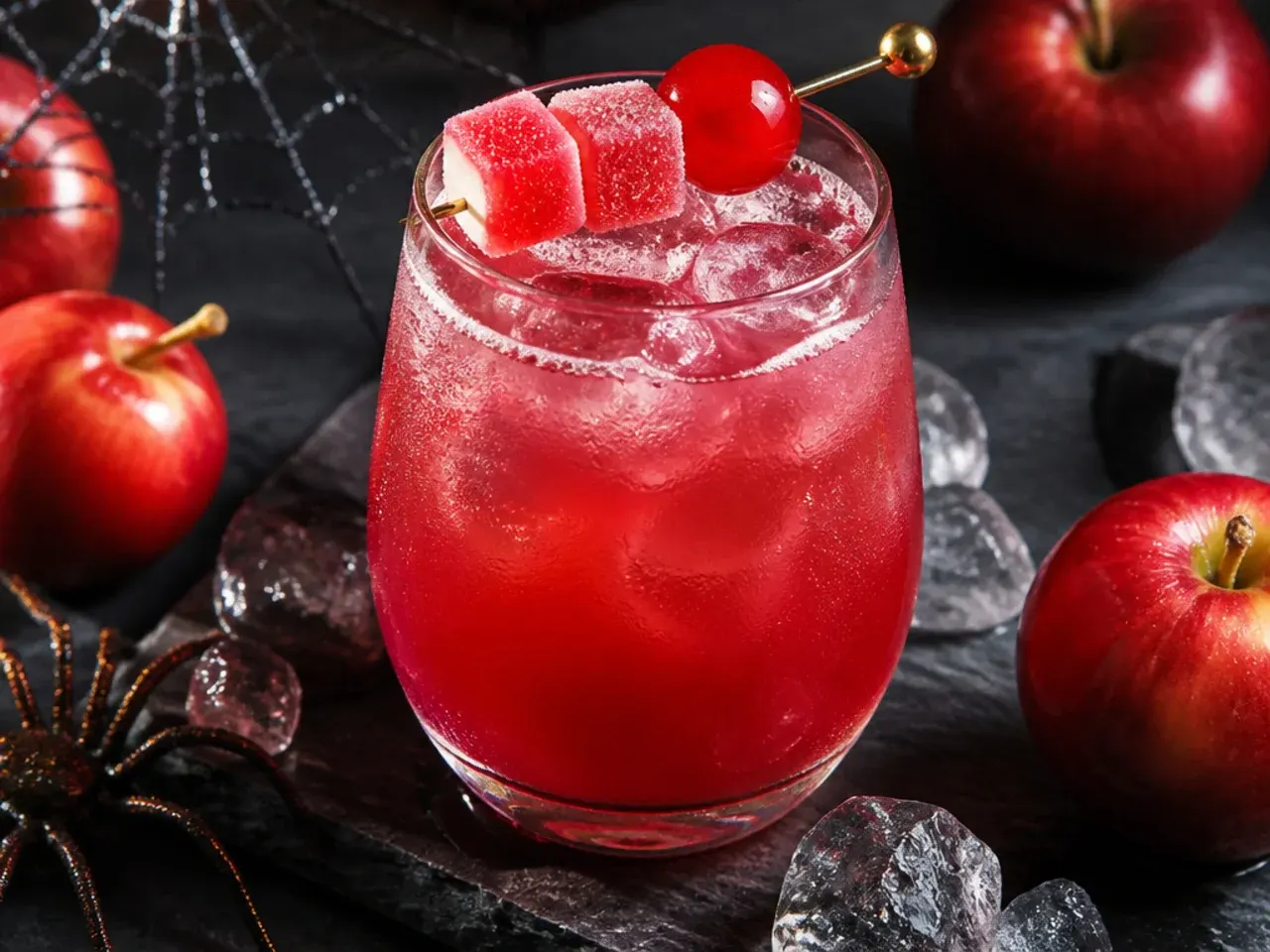 Punch glass with a caramel-rimmed edge and red apple slice garnish, styled like a toffee apple drink