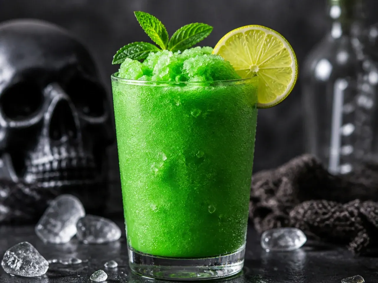 Thick green frozen slushie in a glass topped with a candy eyeball, condensation on the glass