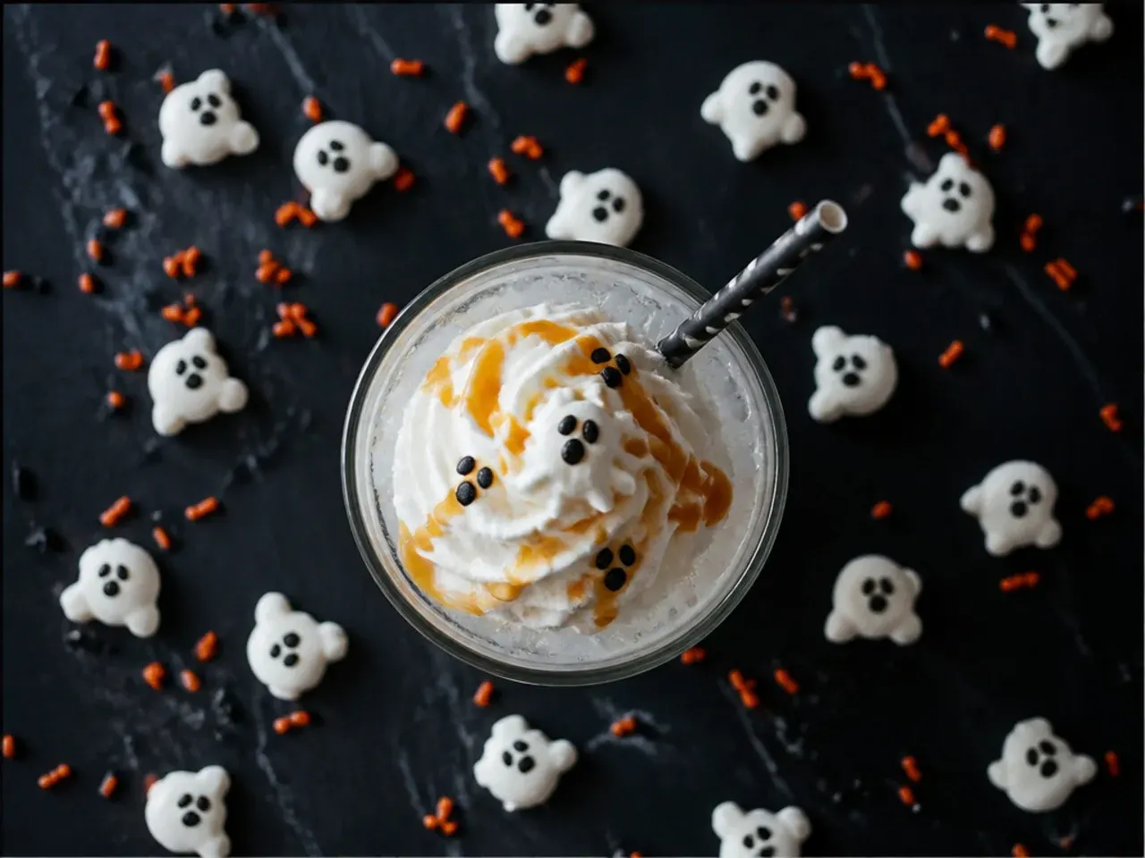 Simple two ingredient fizzy drink in a clear glass with a white gummy ghost candy floating on top