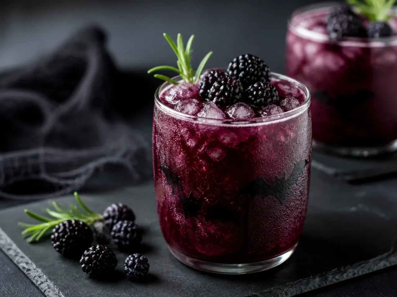 Dark purple-black blended blackberry drink in a glass with whole blackberries floating on top