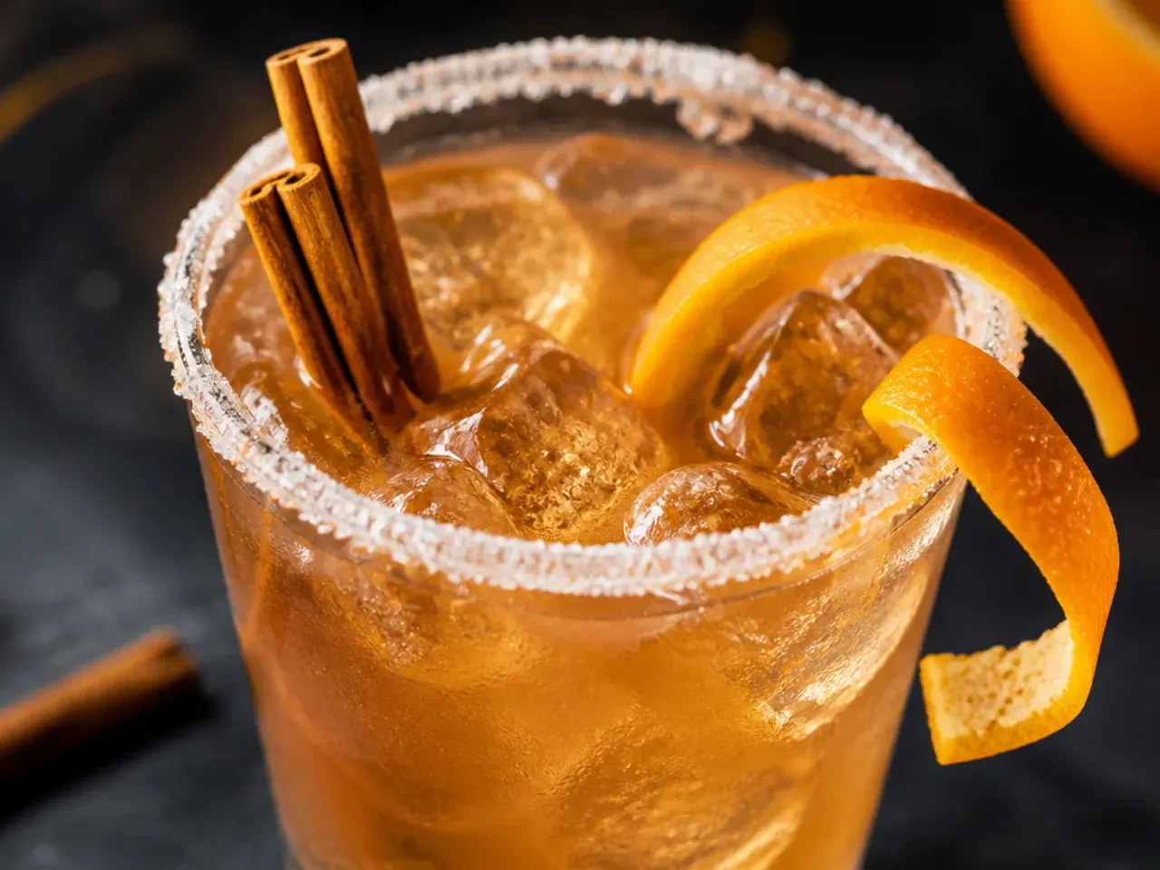 Punch glass with a cinnamon sugar rim, green fizzy drink inside, moody Halloween lighting