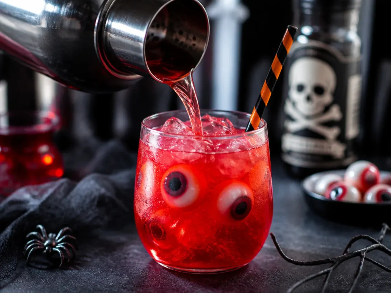 Punch bowl with floating lychee and blueberry eyeball garnishes, spooky Halloween party styling