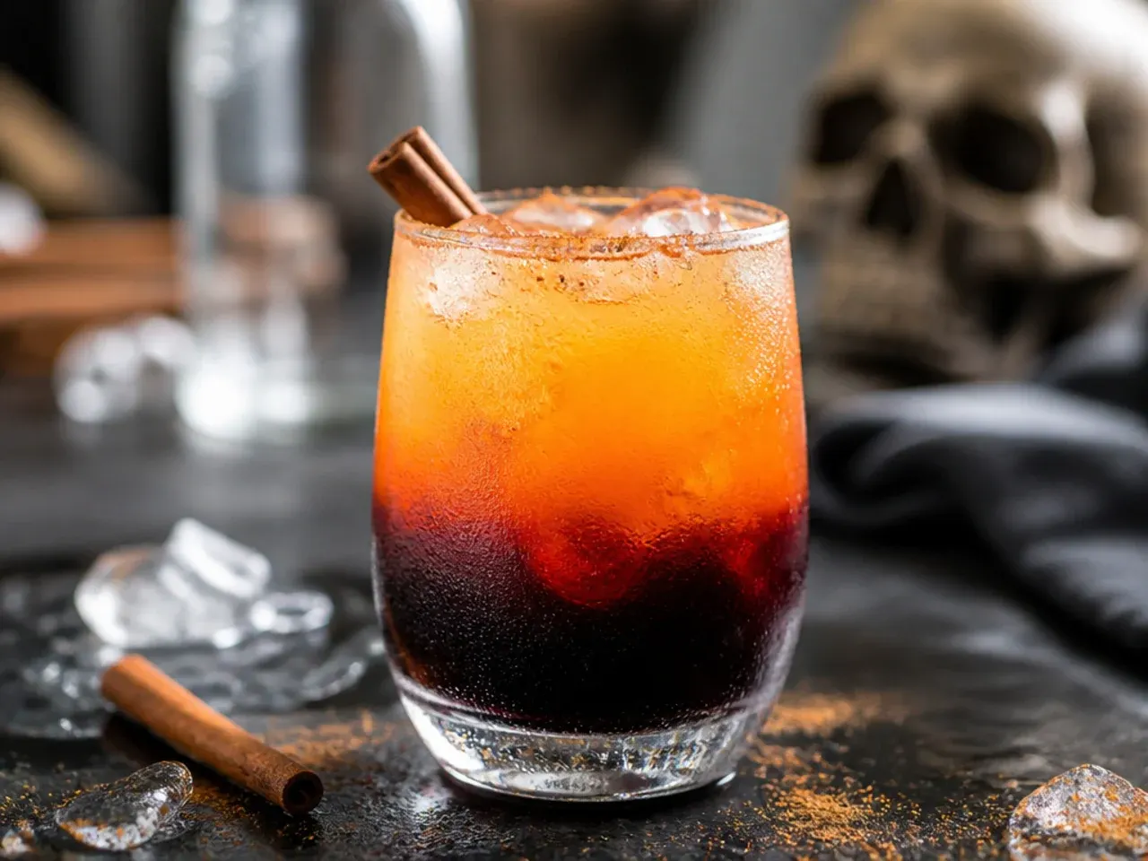 Layered sunrise-style drink in a tall glass with orange on top and red grenadine settling at the bottom
