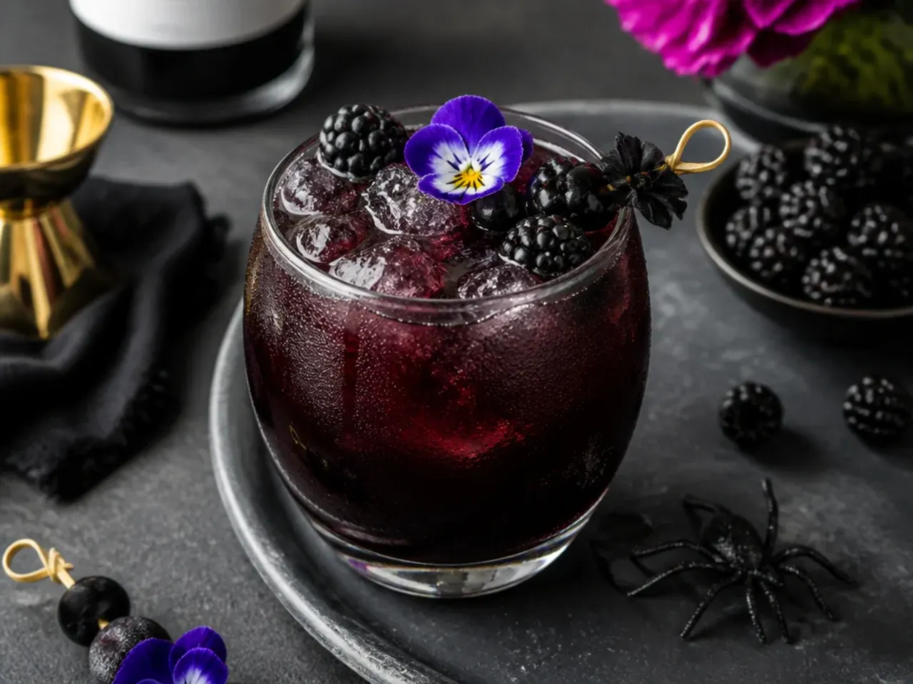 Deep purple Black Widow cocktail in a glass with a black sugar rim, dramatic dark background