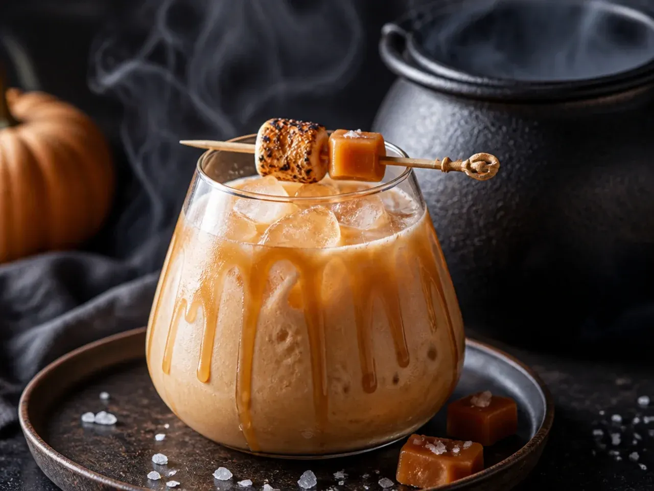Salted caramel iced coffee drink in a glass with cream float and flaky sea salt on top, cauldron-style mug