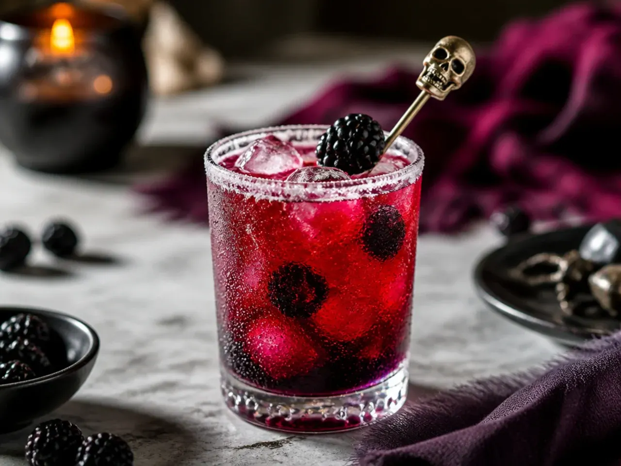 Halloween-shaped ice cubes with candy eyeballs and gummy worms arranged next to cocktail glasses