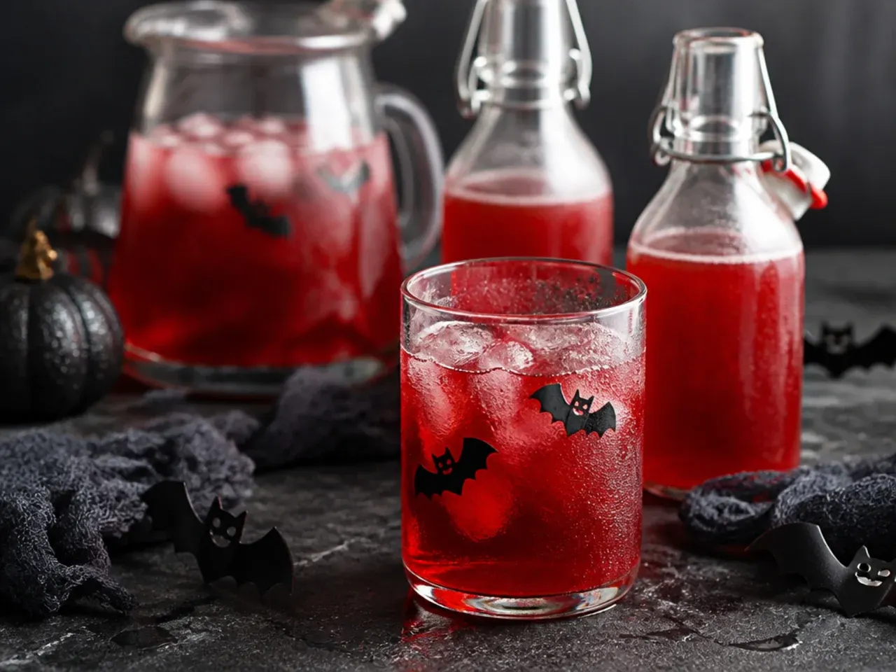 Pitcher of pre-mixed Halloween punch base in the fridge, ready to finish with soda before serving