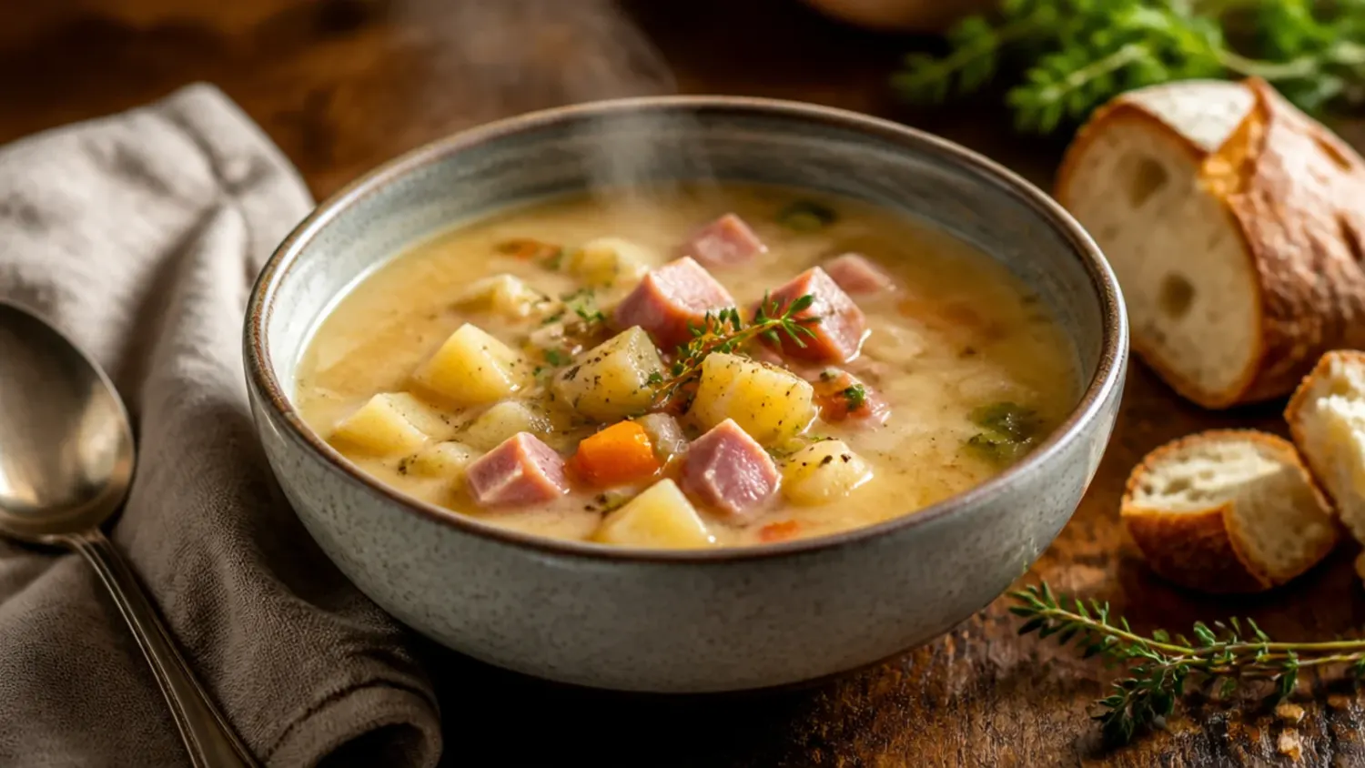 Overhead shot of a bowl of creamy ham and potato soup topped with shredded cheddar, crispy bacon bits, and fresh chives, with a spoon resting in the bowl.