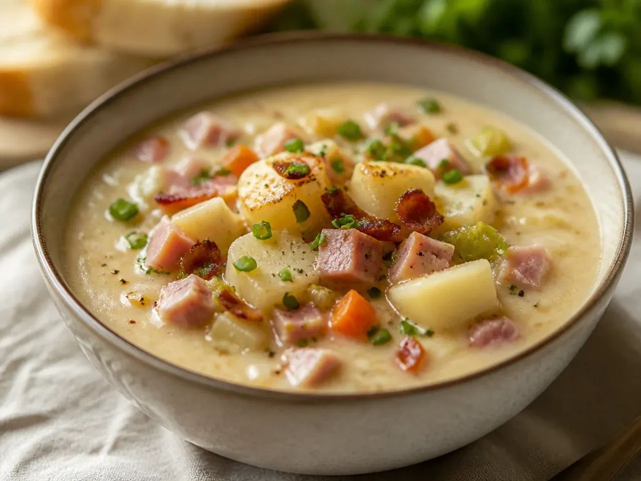 A pot of creamy ham and potato soup simmering on the stove with steam rising, surrounded by diced ham, potatoes, and fresh herbs.