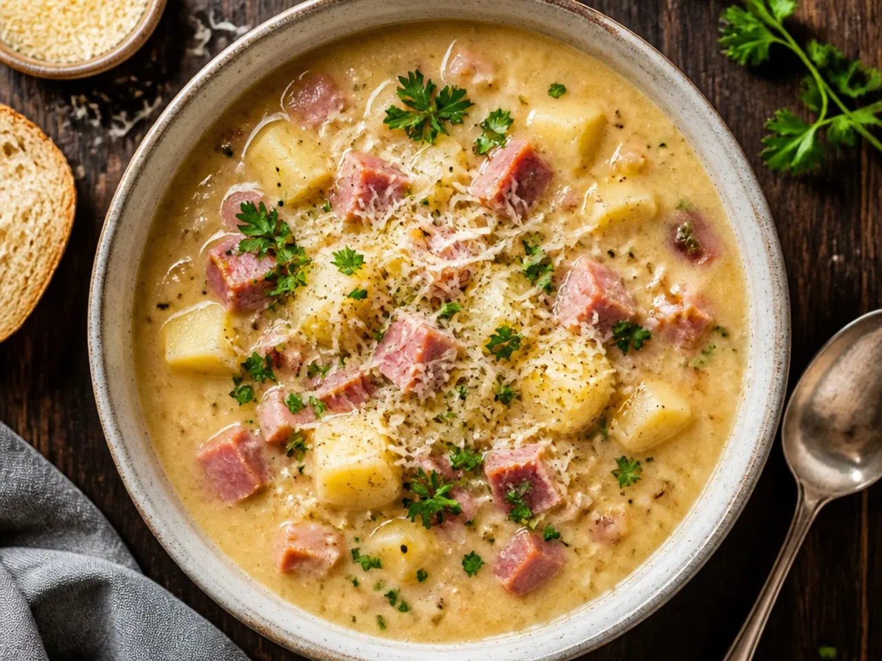 Close-up bowl of classic creamy ham and potato soup with visible potato chunks and diced ham, garnished with cracked black pepper.