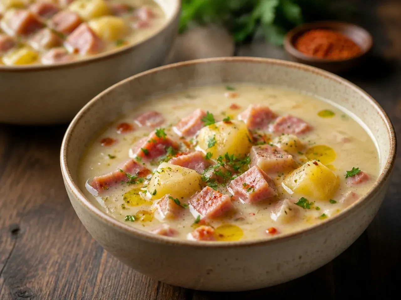 A quick weeknight bowl of ham and potato soup served with a spoon, next to a bag of frozen diced potatoes on the counter.