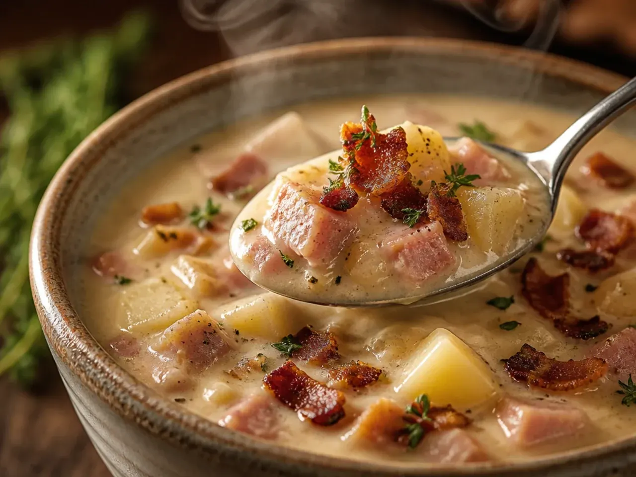 A hearty, chunky bowl of farmhouse ham and potato soup loaded with carrots, peas, and shredded ham hock meat.