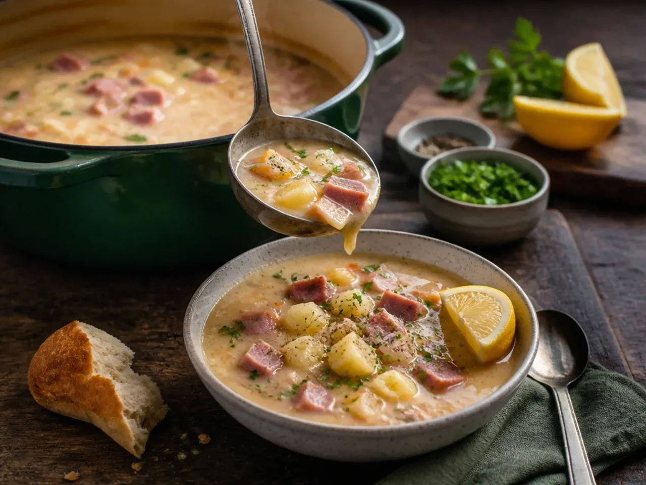 A golden-orange bowl of autumn ham and potato soup with butternut squash pieces and a crispy fried sage leaf on top.