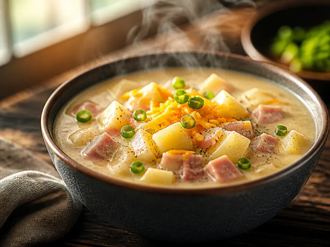 A silky, ultra-smooth bowl of creamy ham and potato soup being drizzled with a swirl of cream.