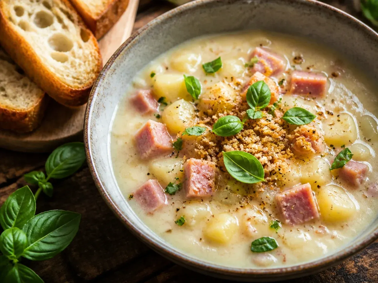 A simple, minimalist bowl of five-ingredient ham and potato soup with just potatoes, ham, and a light broth.