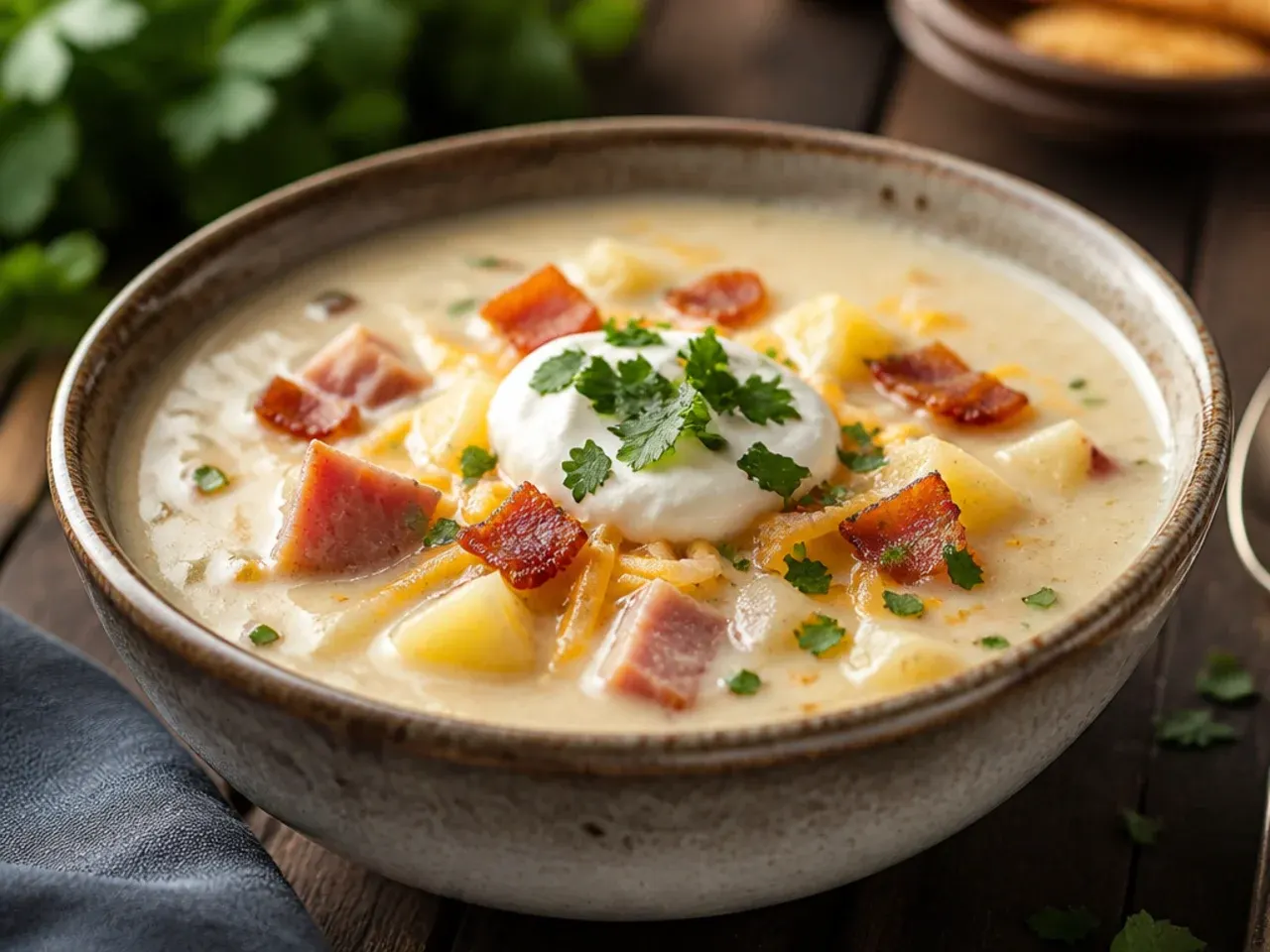 A cheesy loaded ham and potato soup topped with melted cheddar, sour cream, bacon bits, and sliced spring onion.