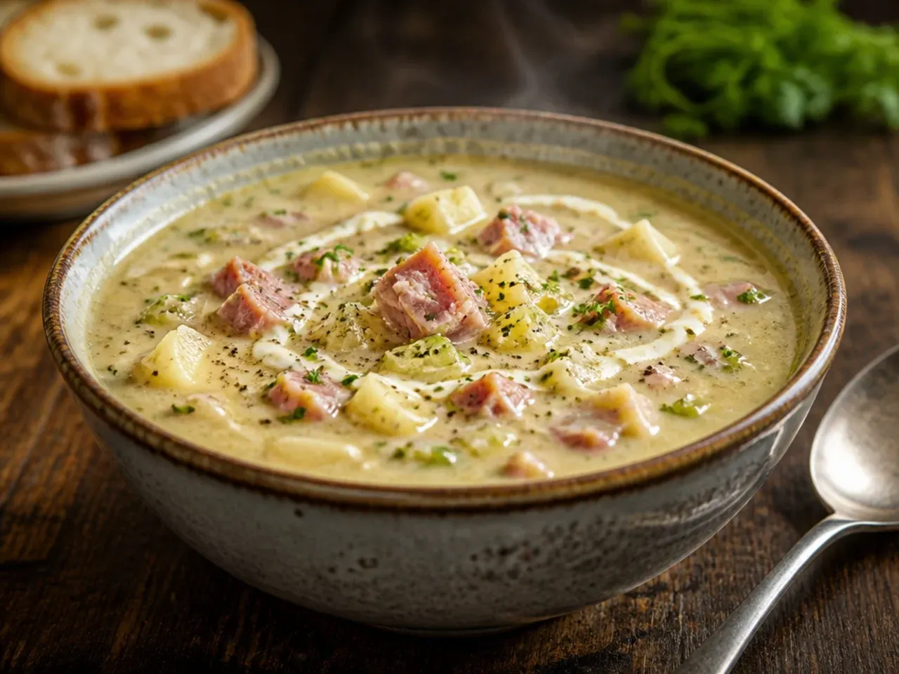 A big, steaming bowl of Sunday supper ham and potato soup served alongside a thick slice of crusty bread.