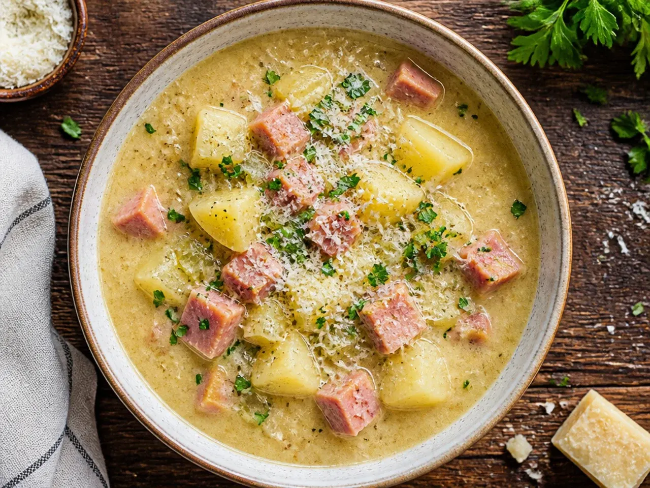 A modest, hearty bowl of budget ham and potato soup made with pantry staples and a ham bone resting nearby.