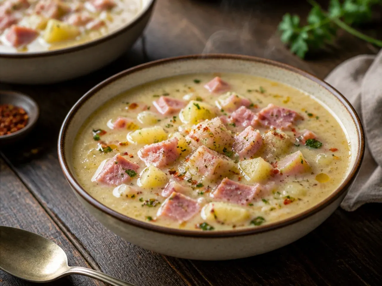 A single Dutch oven filled with finished ham and potato soup, with a ladle resting on the rim.