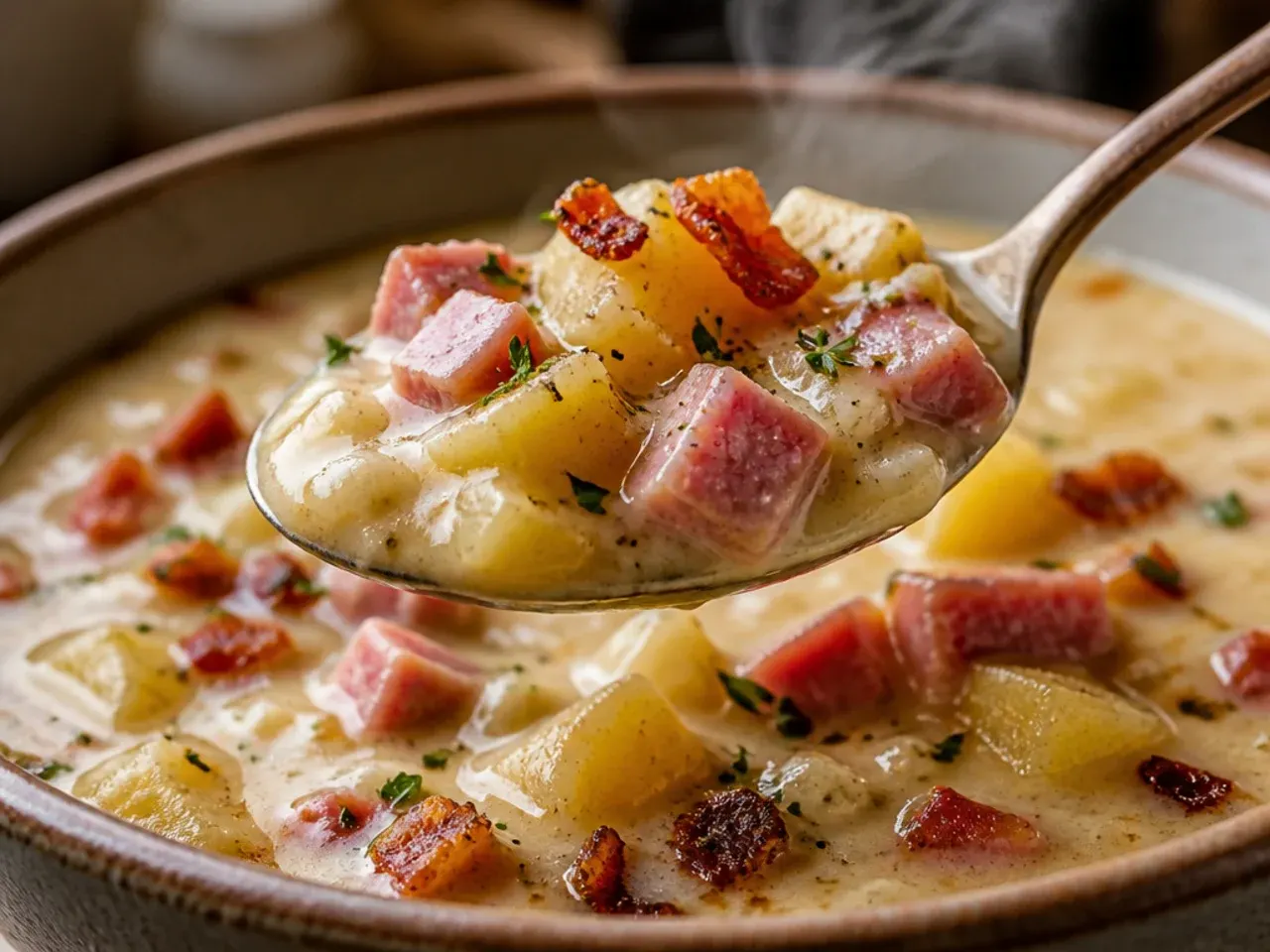 A rustic bowl of chunky ham and potato soup with large visible potato pieces and thick-cut ham.