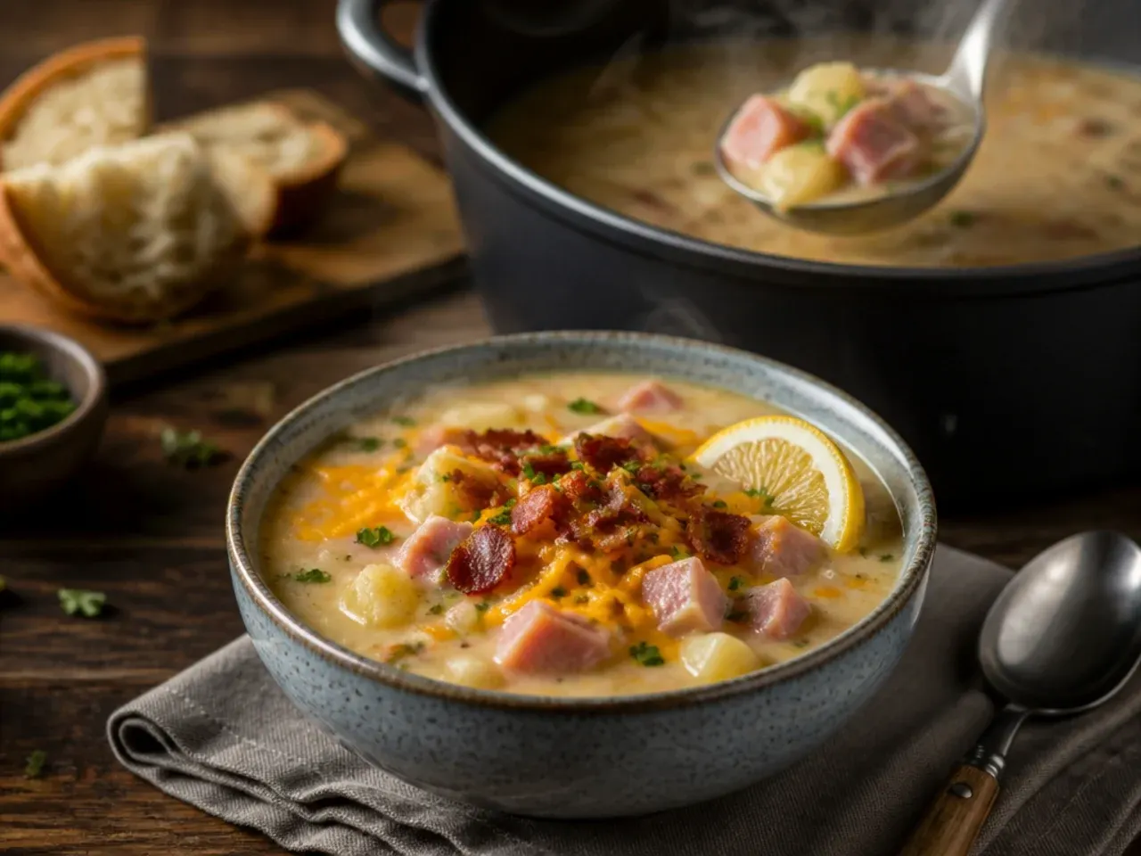 A loaded bowl of bacon and cheddar ham and potato soup topped with crispy bacon pieces and melted cheese.