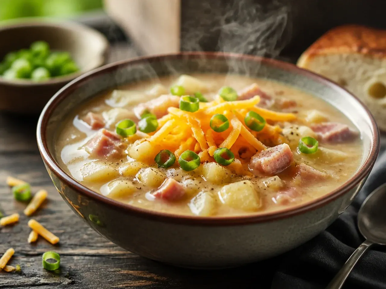 A slow cooker filled with ham and potato soup, lid propped open, steam rising from the finished dish.