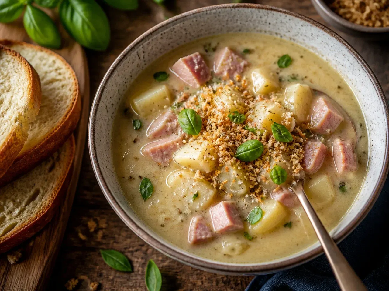 An open Instant Pot showing finished creamy ham and potato soup ready to be ladled into bowls.