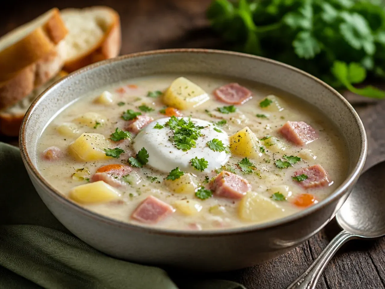 A naturally thickened, gluten-free bowl of ham and potato soup with a slightly rustic, potato-forward texture.
