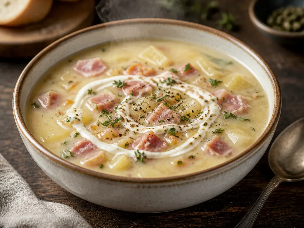 A deep, smoky bowl of bacon-ham potato soup with a rich brown-tinged broth and crispy bacon garnish.