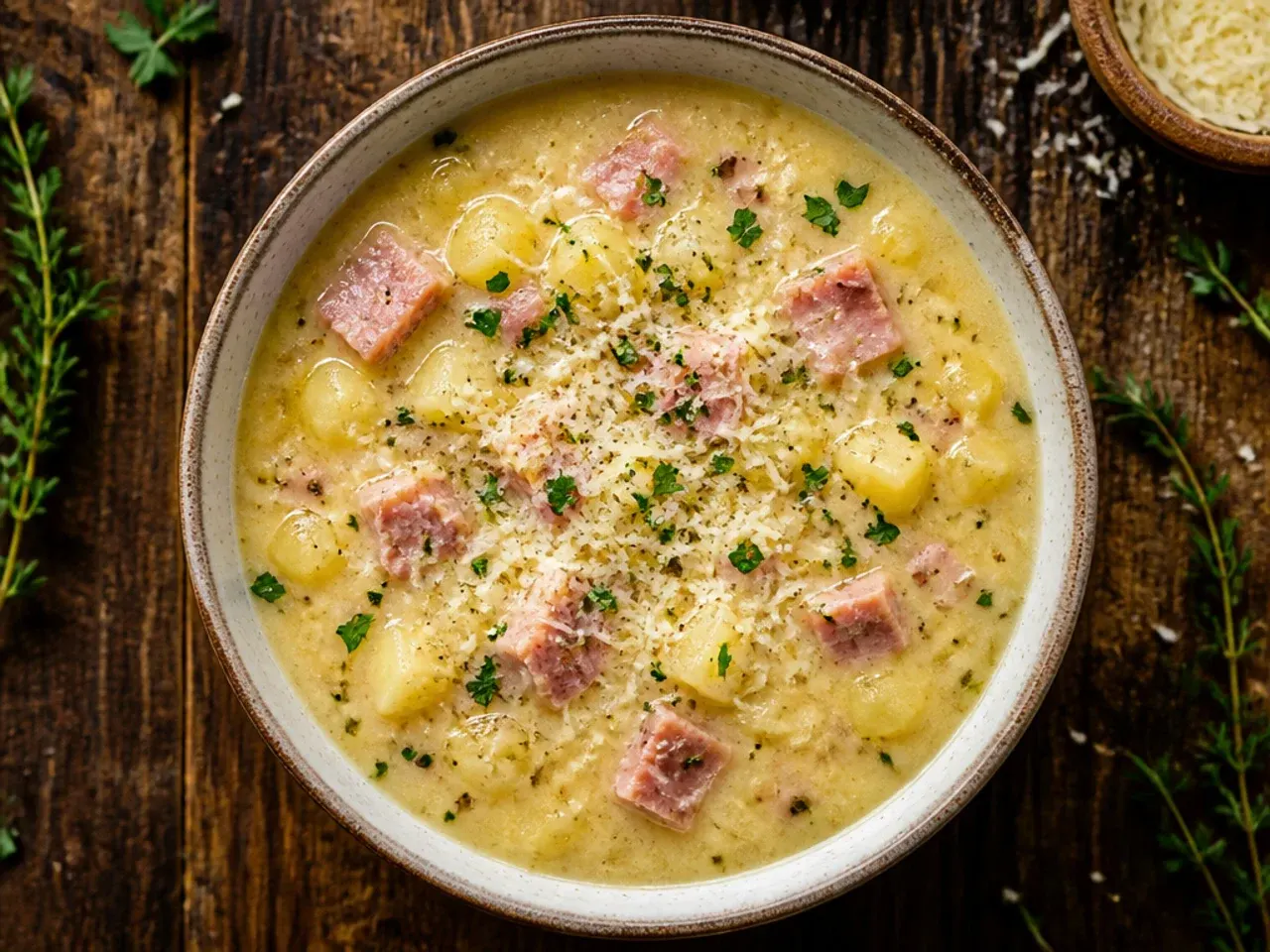A bright, herb-flecked bowl of ham and potato soup garnished with fresh parsley, chives, and thyme sprigs.
