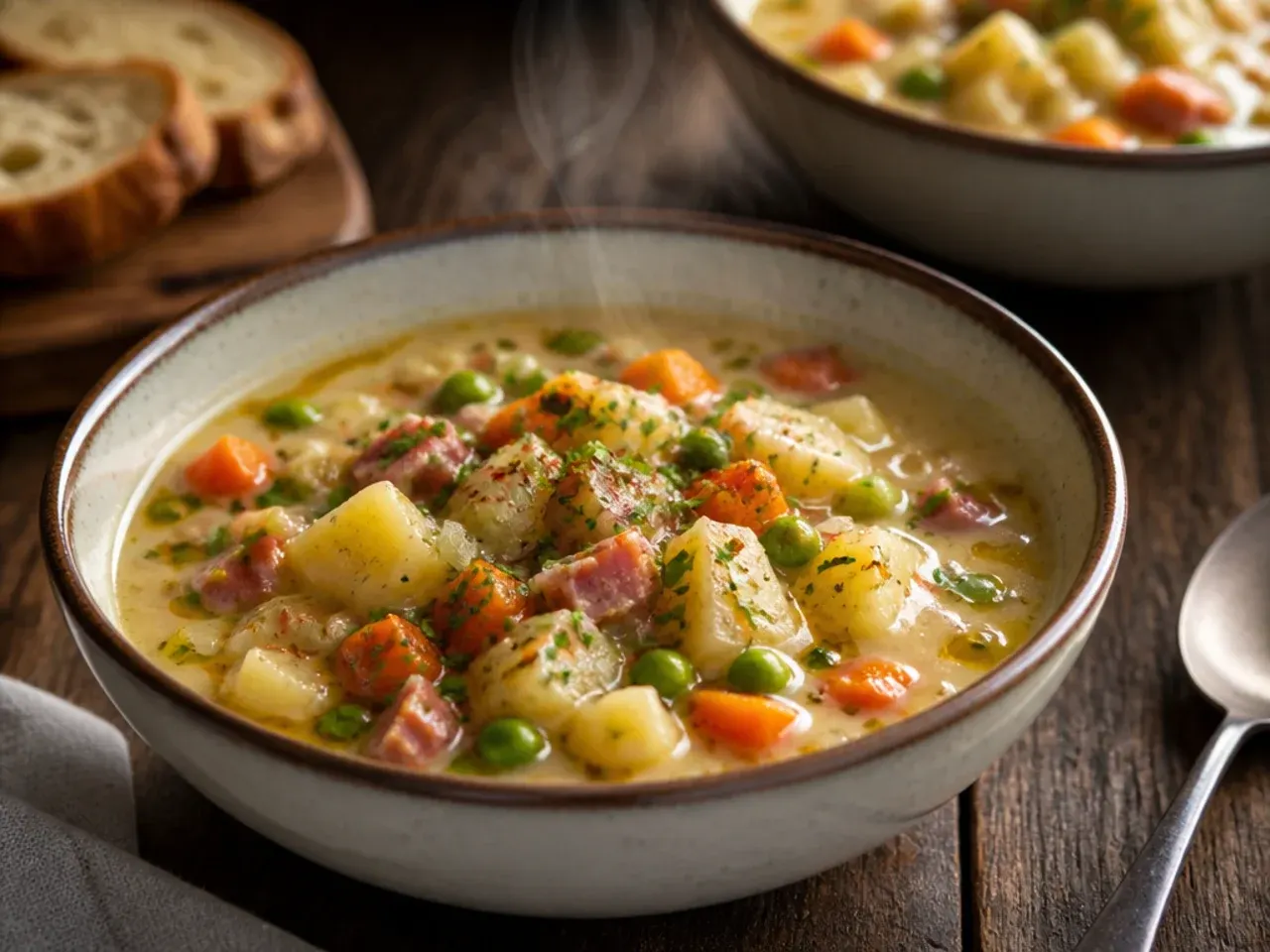 A vegetable-packed bowl of ham and potato soup with visible carrots, celery, and green beans throughout.