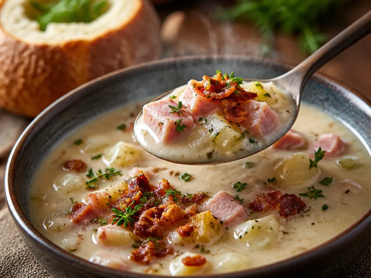 A hollowed-out bread bowl filled with thick, creamy ham and potato soup, steam rising from the top.