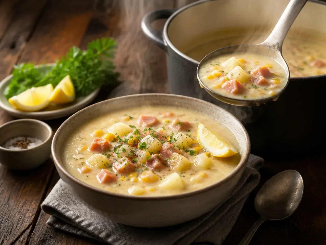 A thick, chowder-style bowl of corn and ham potato soup with bright yellow corn kernels throughout.