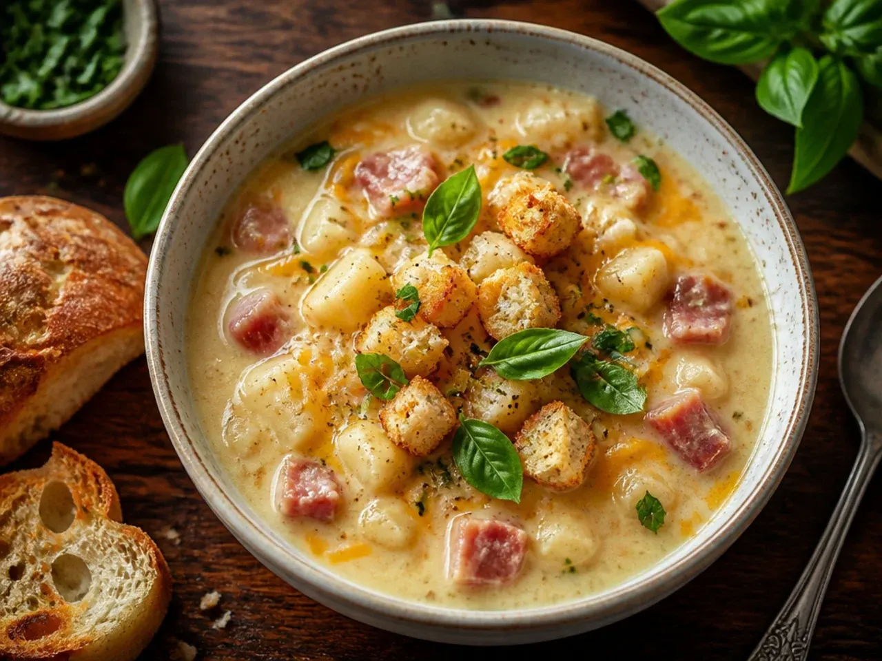 A rich, golden bowl of three-cheese ham and potato soup topped with a scatter of grated Parmesan.