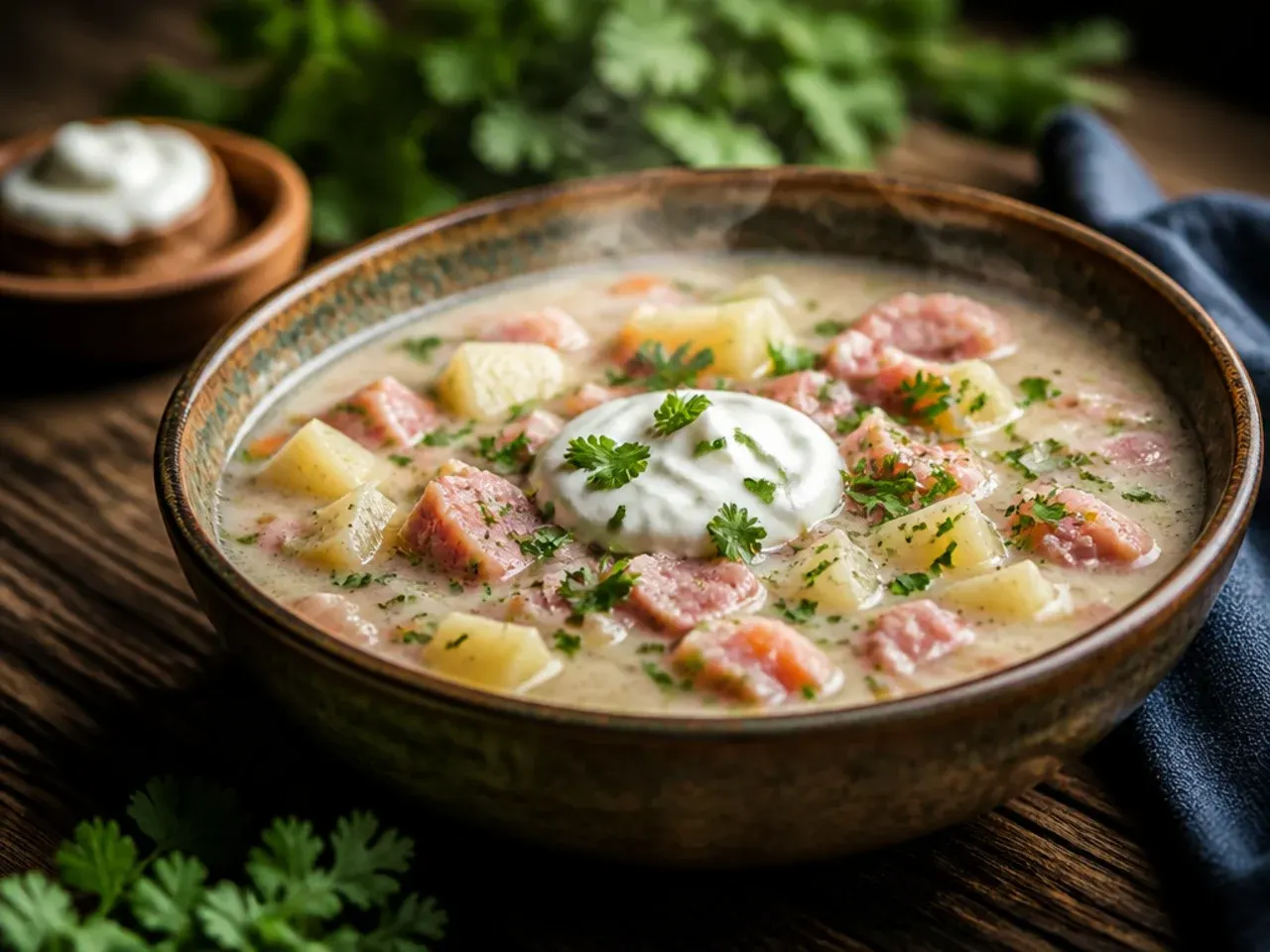 A comforting bowl of leftover holiday ham and potato soup with a ham bone resting on a board nearby.