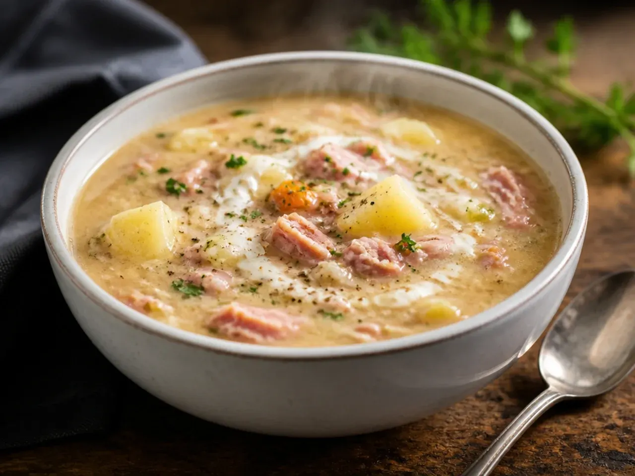 A rustic bowl of ham hock and potato soup with shredded ham meat and a simmered ham hock bone on the side.