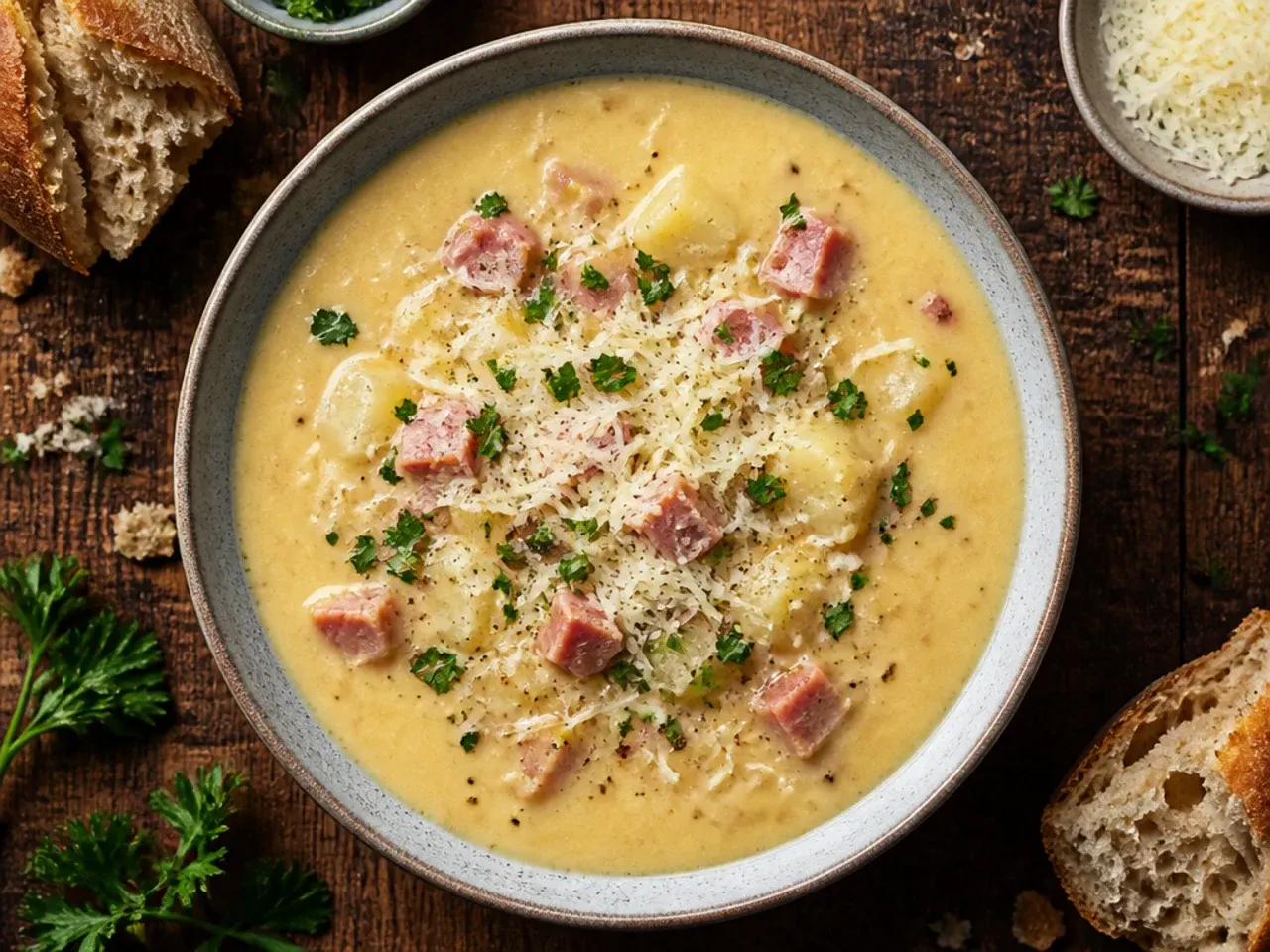 A completely smooth, velvety bowl of blended ham and potato soup topped with a few croutons and diced ham.
