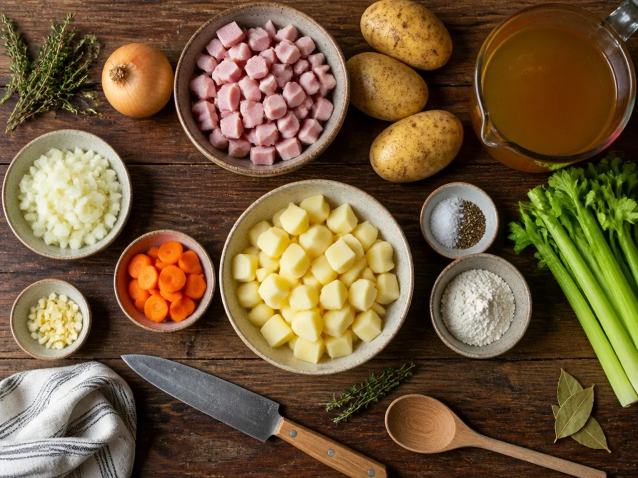 Close-up of a chef's hands dicing potatoes into even cubes on a wooden chopping board for ham and potato soup.