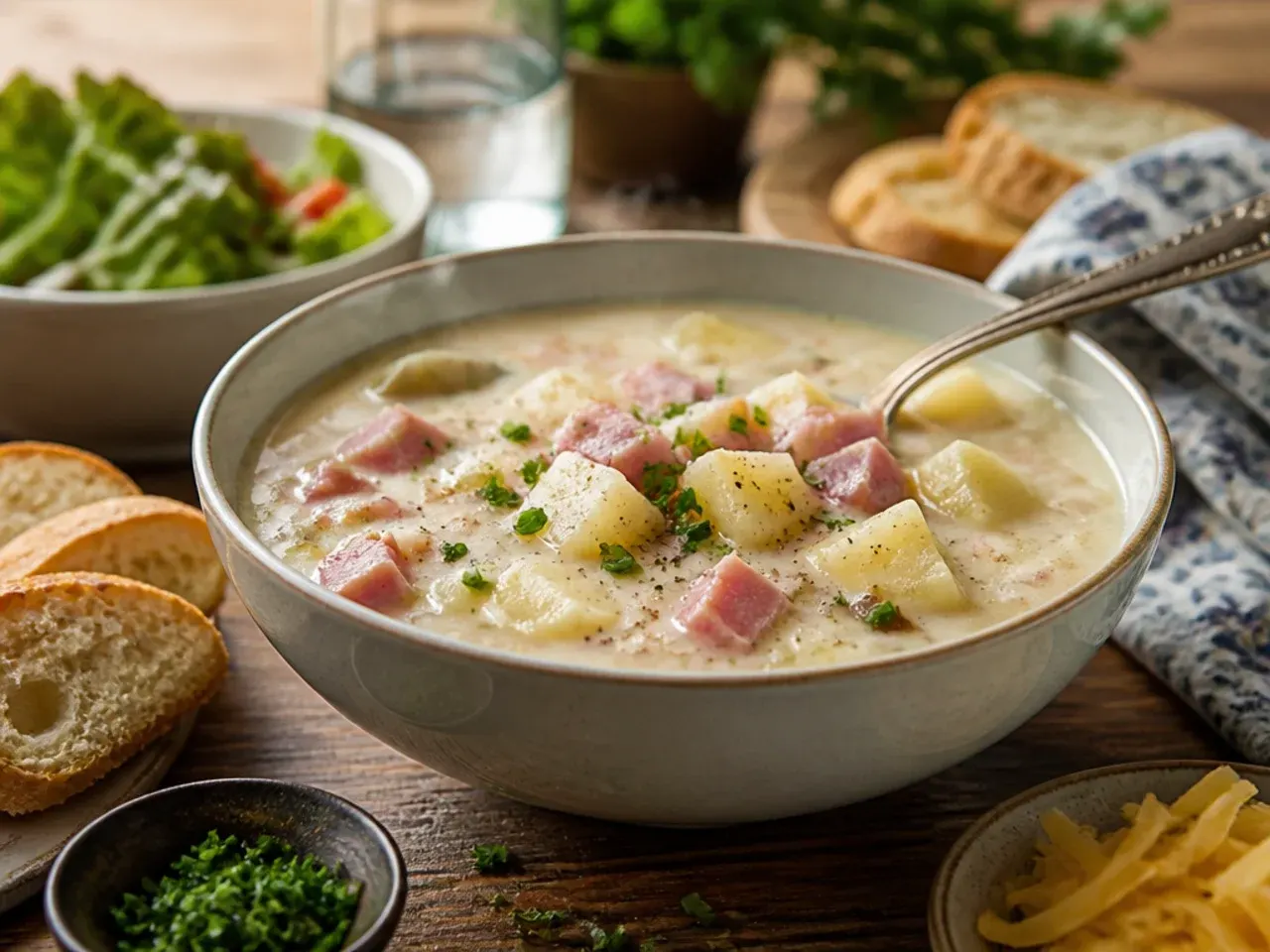 A table set with bowls of ham and potato soup, crusty bread, and a side salad for a complete meal.