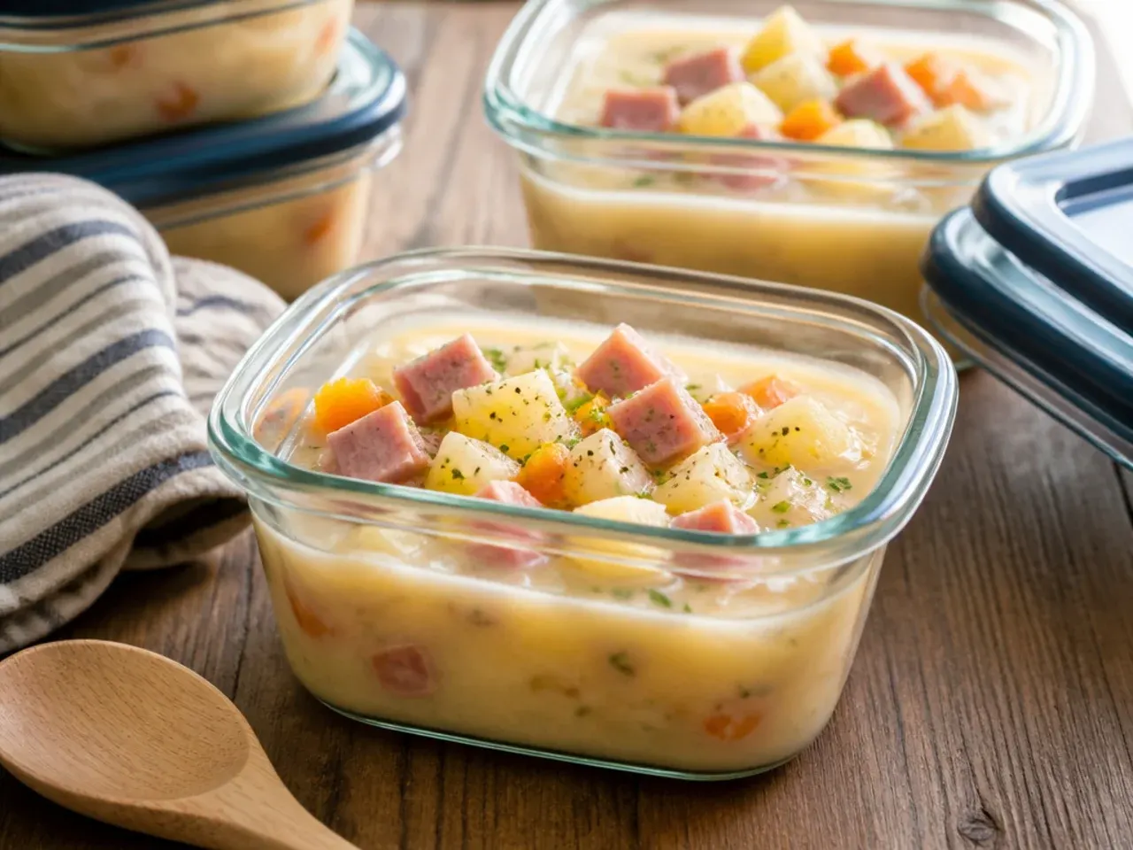A glass airtight container of leftover ham and potato soup being labelled and placed in the fridge.